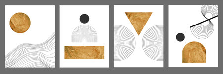 Set of abstract minimalist hand painted illustrations for wall decoration, postcard or brochure cover design. Gold wall art vector set. Earth tone boho foliage line art drawingのイラスト素材
