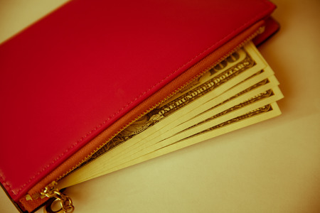 Money in female red leather purse isolated on white backgroundの写真素材