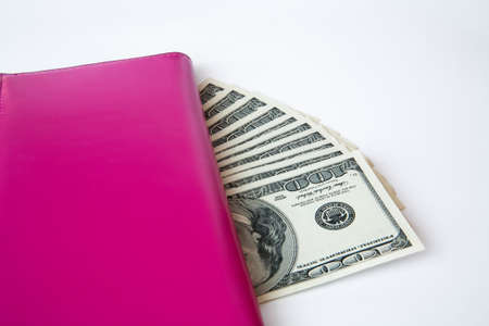 Money in female red leather purse isolated on white backgroundの写真素材