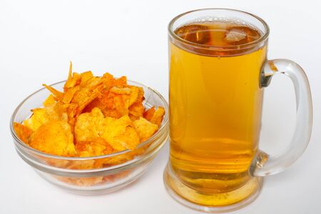 Beer and Chips. Isolated with Clipping Path.の写真素材