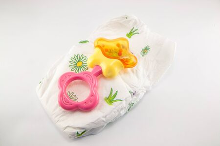 Stack of diapers isolated on white backgroundの写真素材