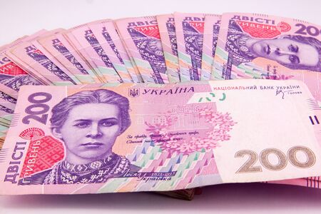 european money, ukrainian hryvnia close up .の写真素材