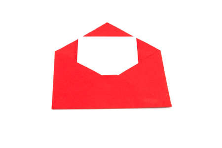 Red envelope with a white sheet of paper on a white background. isolatedの写真素材