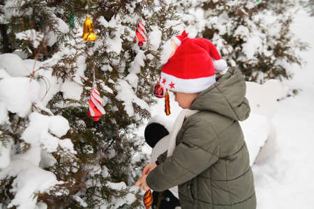 Child decorating Christmas tree in the forest. . Family with kids celebrate winter holidays. Kids...