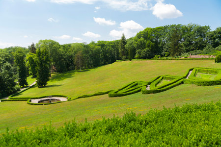 View of the park (botanical garden) Sofiyivka in summer. Green grass and blue sky, geometric composition of green bushes on a hillsideの写真素材