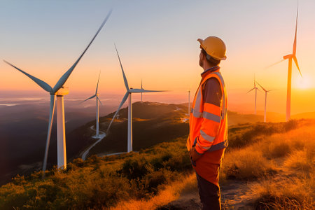 Portrait of a young male worker in an orange helmet against the backdrop of a wind farm at sunset. Renewable energy sources. Wind energy is converted into electricity, green energyの素材