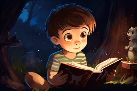 a little boy reads a book in the evening on the street. illustrationの素材