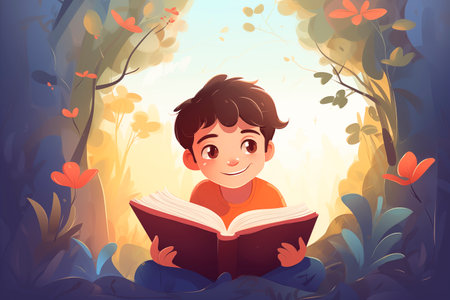 a little boy reads a book in the evening on the street. illustrationの素材