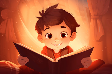 little boy reading a book in bright light. illustrationの素材