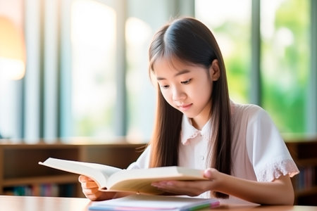 Asian girl reading a book at the table. Light photographyの素材