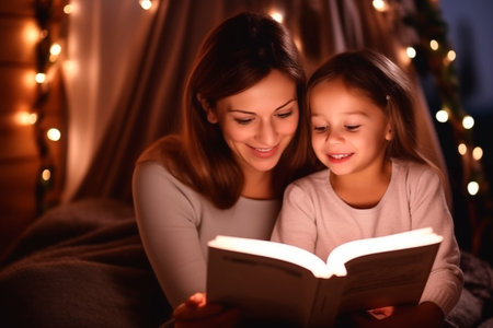 Mom reads a book to her daughter before bed. Mom and daughter are smiling. Warm light in the frameの素材