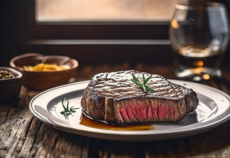 Juicy medium rare steak with vegetables, sauce and fries on a white plate. Long shotの素材