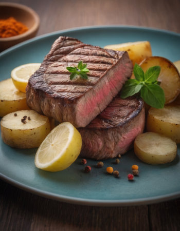 Juicy medium-rare steak with lettuce, herbs, tomatoes on a dark plateの素材