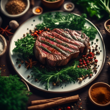 Juicy medium-rare steak with lettuce, herbs, tomatoes on a dark plateの素材