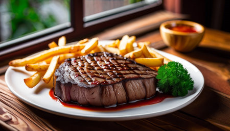 Juicy medium rare steak with fries, sauce and herbs on a white plateの素材