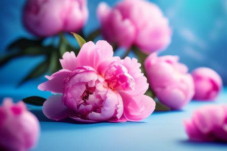 Composition of bright pink peonies on a blue backgroundの素材