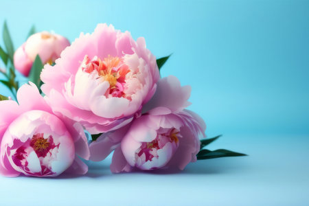 Composition of soft pink peonies on a blue backgroundの素材