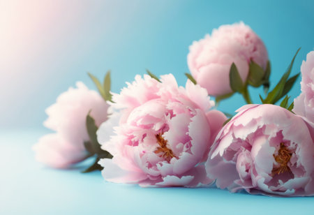 Composition of soft pink peonies on a blue backgroundの素材