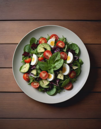 Vegetable salad with eggs in a light plate on a wooden background. Healthy food, keto dietの素材