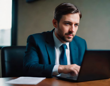 man in a suit working on a laptop at a table in the officeの素材