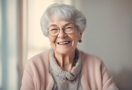 Portrait of a cute smiling grandmother with gray hair and a beautiful hairstyle on a light backgroundの素材