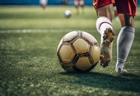 A soccer player kicks a soccer ball to score a goal in a matchの素材