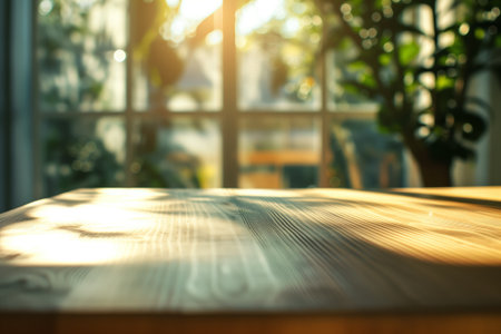 The background is a light wooden table in the foreground. Large bright window with sunlight and green indoor plants in the backgroundの素材