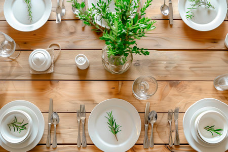 Table setting with white dishes on a wooden table. Eco-friendly interior. Serving designの素材