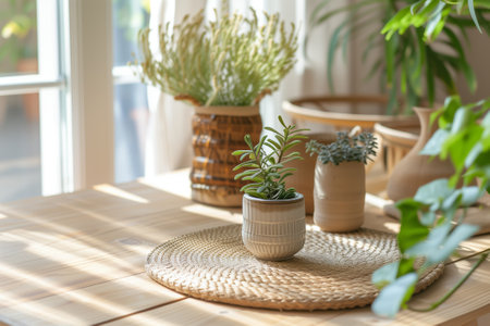 eco-friendly design, dishes made from environmentally friendly materials, light wood table. Eco-friendly backgroundの素材