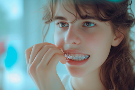 Portrait of a smiling teenage girl with braces in her mouth on a light background with empty space for textの素材