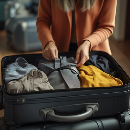 A woman packs her suitcase for vacation. Hands close upの素材
