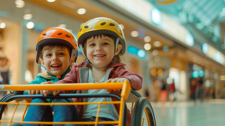 Laughing children ride around a supermarket in a grocery cart. Fun shoppingの素材