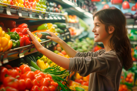 cute girl chooses vegetables and fruits in the supermarket.の素材