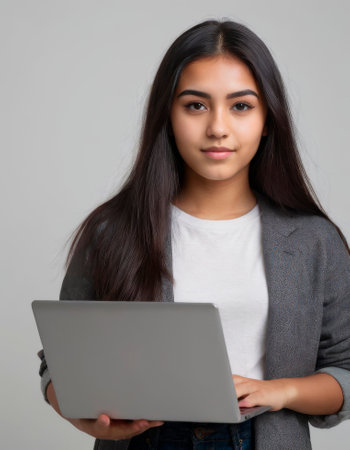 close-up portrait of a young girl with a laptop in her hands on a light background. copy spaceの素材