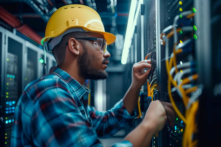 An Internet network and communications installer repairs an Internet server network. Close-up portrait in low key.の素材