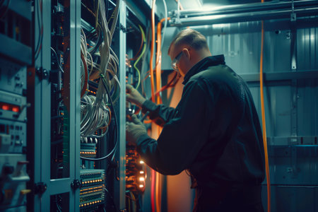 A service engineer installs an Internet network in a server room. Close-upの素材