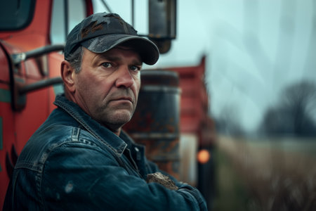 Portrait of an old American truck driver. Driver in a plaid shirt and baseball capの素材