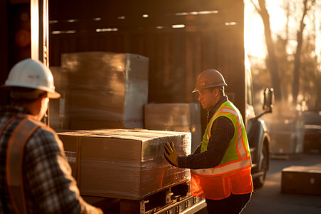 Logistics company loaders in a neon vest and hard hat load a truck with boxes. Transport cargo transportationの素材