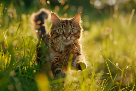 Happy Cute Cat running through grassの素材
