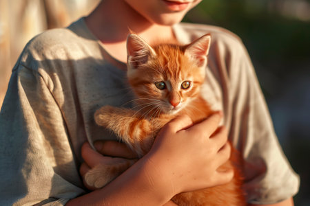 A small boy with a red kittenの素材
