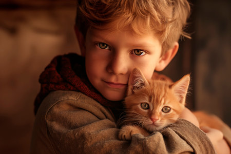 A small boy with a red kittenの素材