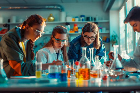 High school students conduct a chemistry experiment. School learning concept, school life, back to school.の素材