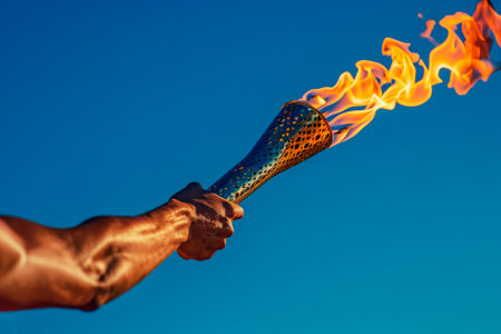 A close-up of an athlete's hand holding the Olympic torch stands solemnly against the blue sky. Back view. space for copying.の素材