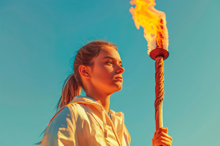 A young athlete in white clothes with an Olympic torch stands solemnly against the blue sky.の素材