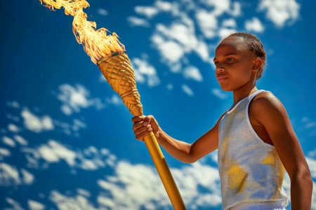 A young athlete in white clothes with an Olympic torch stands solemnly against the blue sky.の素材