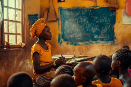 African children from remote tribes study at school. Pupils in an African school learn to write and read on the blackboard.の素材
