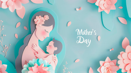Banner for Mother's Day on a blue background mom and child 3D paper composition with copy spaceの素材