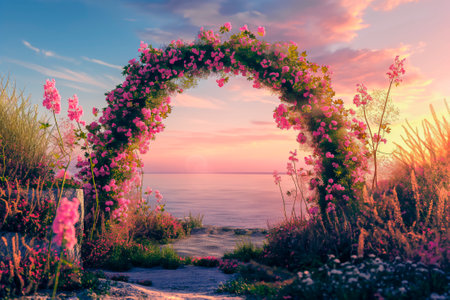 Beach wedding ceremony venue setting on the beach, white sand with panoramic ocean background, tree in foreground, clear sky, flowers floral decoration for arch, the roses petal on the aisle walk wayの素材