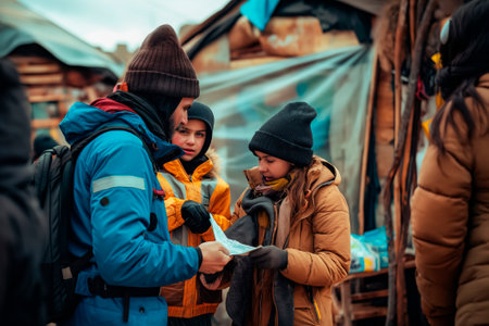 Volunteers help a group of people reach a refugee camp. World Volunteer Day, World Refugee Day, migration issuesの素材