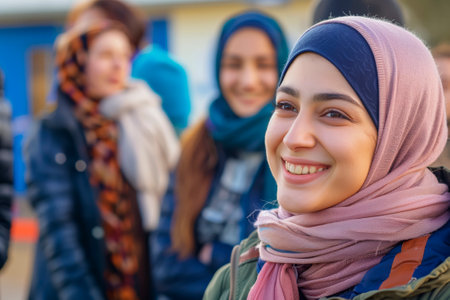 portrait of a young woman in a headscarf in a refugee camp. World Refugee Day. integration into society, world volunteer dayの素材